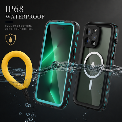 Turquoise-accented magnetic case shown from front and back across a waterline, with a yellow floating wrist strap beside it. Text claims IP68 waterproof protection.