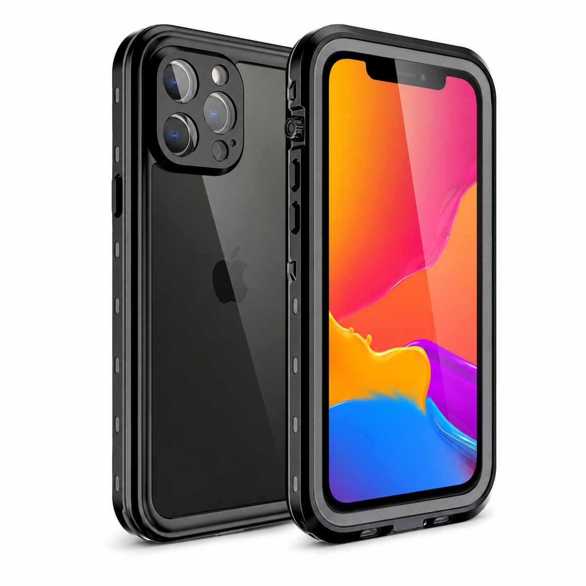Black full-body phone case shown from the clear back and colorful front screen against white. Thick rounded edges surround the phone and covered controls run along the side.
