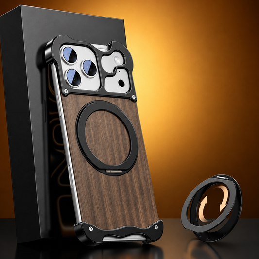 A brown wood-grain phone case leans against a black box against warm orange, showing dark corner bumpers and a folded circular ring. A separate ring accessory sits beside it.
