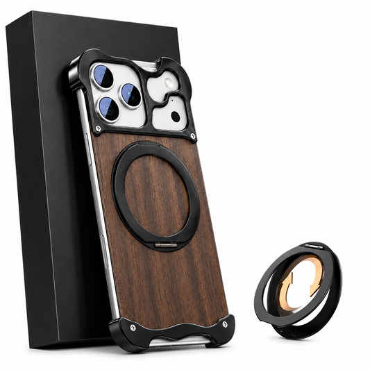 A brown wood-grain phone case leans against a black box on white, with dark corner bumpers and a circular ring folded flat. A separate magnetic ring accessory sits beside it.
