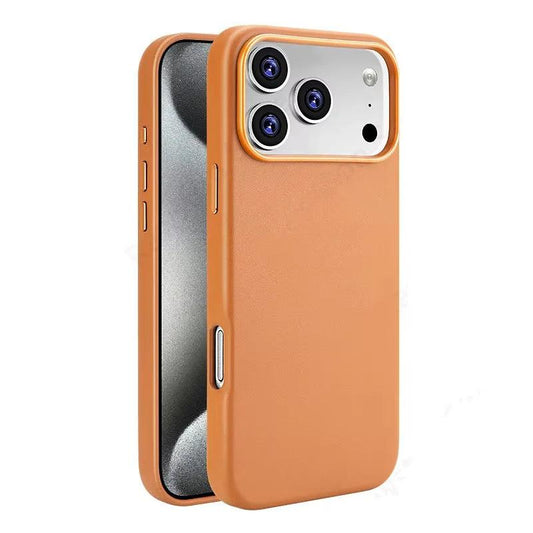 Tan leather-look case shown from the front and back, with a plain finely textured back, broad raised camera opening, and matching covered side buttons.