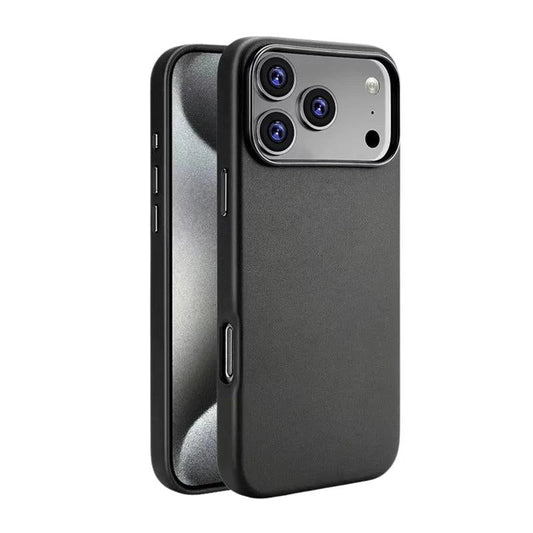 Black leather-look case shown from the front and back against white. The plain finely textured back has a broad raised camera opening and contrasting metallic-looking side controls.
