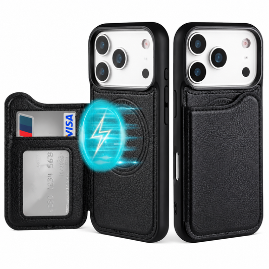 Open and closed views show a black case with a folding wallet on its back. A card slot and clear window line the flap, while a blue charging graphic marks the exposed circular magnetic area.