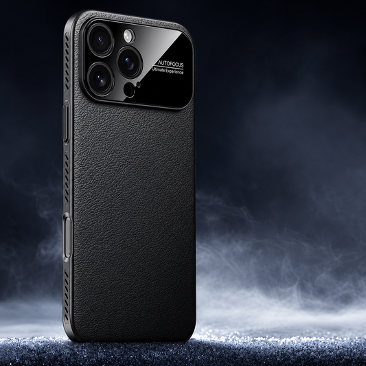 A black leather-look phone case stands on a textured surface against a dark blue misty background. A glossy black panel surrounds the three cameras, and narrow diagonal slots line the side frame.