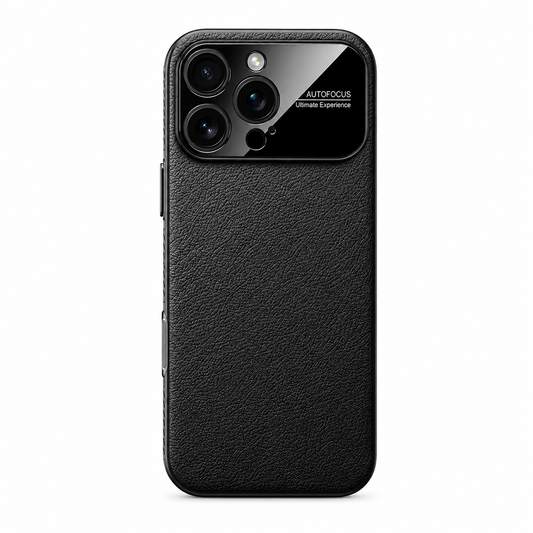 A black phone case stands upright against white, with a finely pebbled leather-look back and a broad glossy black camera panel bearing small “Autofocus” lettering.