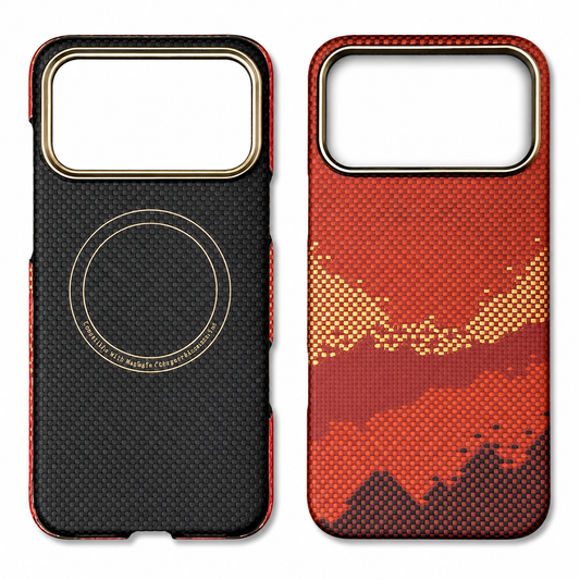 Interior and exterior views of an empty slim case stand on white. Both have a broad rectangular camera opening with a shiny rim. The interior shows black fine weave with red edging and a circular magnetic marking; the exterior has red-orange pixelated waves with gold and black accents. Small side and bottom cutouts interrupt the narrow edges.