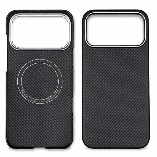 Interior and exterior views of an empty slim case stand on white. Both have a broad rectangular camera opening with a shiny rim. The interior shows black diagonal weave and a circular magnetic marking; the exterior has plain black diagonal weave. Small side and bottom cutouts interrupt the narrow edges.