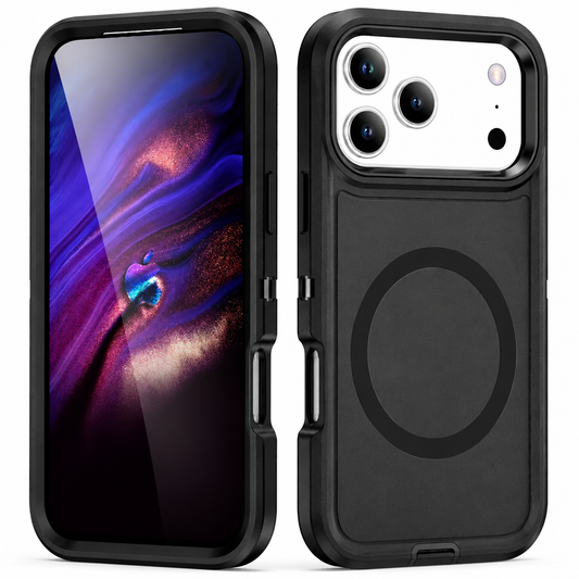 Front and rear views show a thick black phone case against white. The rear has a dark circular ring and broad camera opening; covered edges have openings and small hinged-looking tabs.