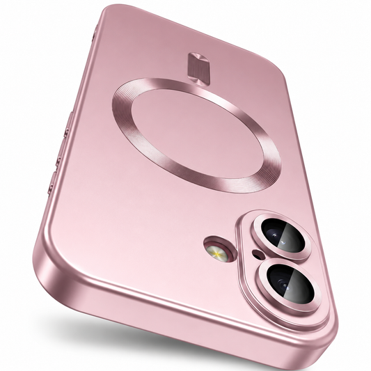 Angled rear view of a pink phone case with a smooth matte back, shiny pink magnetic ring, short alignment bar, and raised surrounds around two camera lenses.