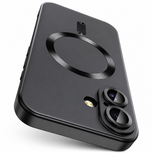 Angled rear view of a black phone case with a matte back, shiny circular magnetic ring, short alignment bar, and raised surrounds around two camera lenses.