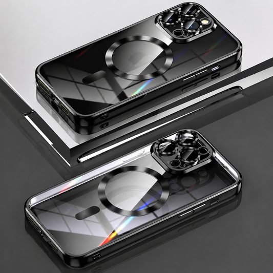 A black-edged transparent case and matching phone rest on stepped gray platforms. Reflective magnetic rings and raised lens surrounds catch rainbow-like highlights.