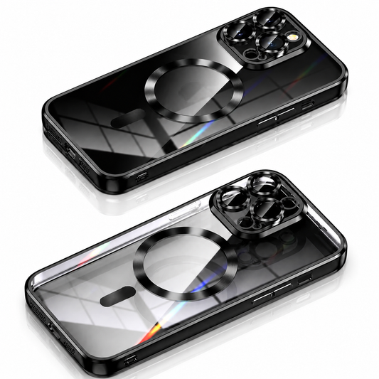 A black-edged clear case lies beside a phone fitted with it on white. Both display a shiny circular magnetic ring, short alignment bar and raised rings around the camera lenses.