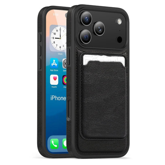 Front and rear views show a black stitched leather-look case with a rectangular card pouch attached below the camera panel. The upper edge of a white card peeks out of the pouch.