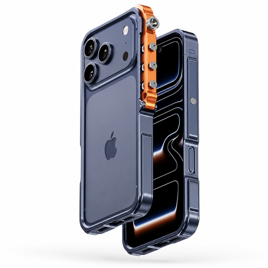 Two dark blue phones stand upright at overlapping angles against a white background, one showing its exposed back and the other a black screen with blue lines. A blue open-back bumper frames the phones. An orange side section and silver-colored fasteners form a mechanical-looking assembly along the upper right edge.