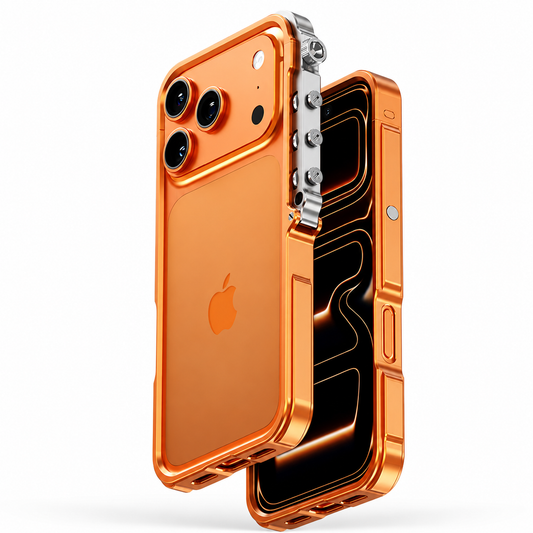 Rear and front views of an orange phone stand upright at overlapping angles against a white background. An orange open-back bumper frames the rear phone, leaving its logo and camera panel exposed. A silver-colored assembly with round fasteners runs along the right edge. The front phone displays orange lines on a black screen.