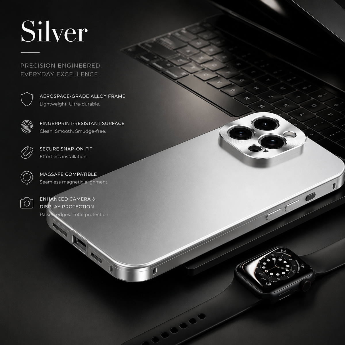 A bright silver case lies beside a black laptop and wristwatch, with text labeling the color Silver and advertising frame, fitting and protection features.