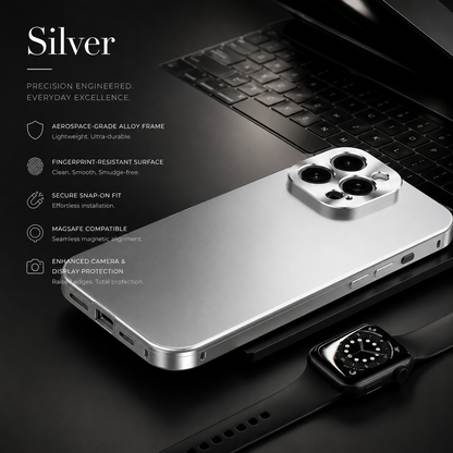 A bright silver case lies beside a black laptop and wristwatch, with text labeling the color Silver and advertising frame, fitting and protection features.
