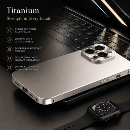 A pale gray case rests beside a laptop and wristwatch. Text labels the color Titanium and promotes a light alloy frame, fingerprint resistance and magnetic compatibility.