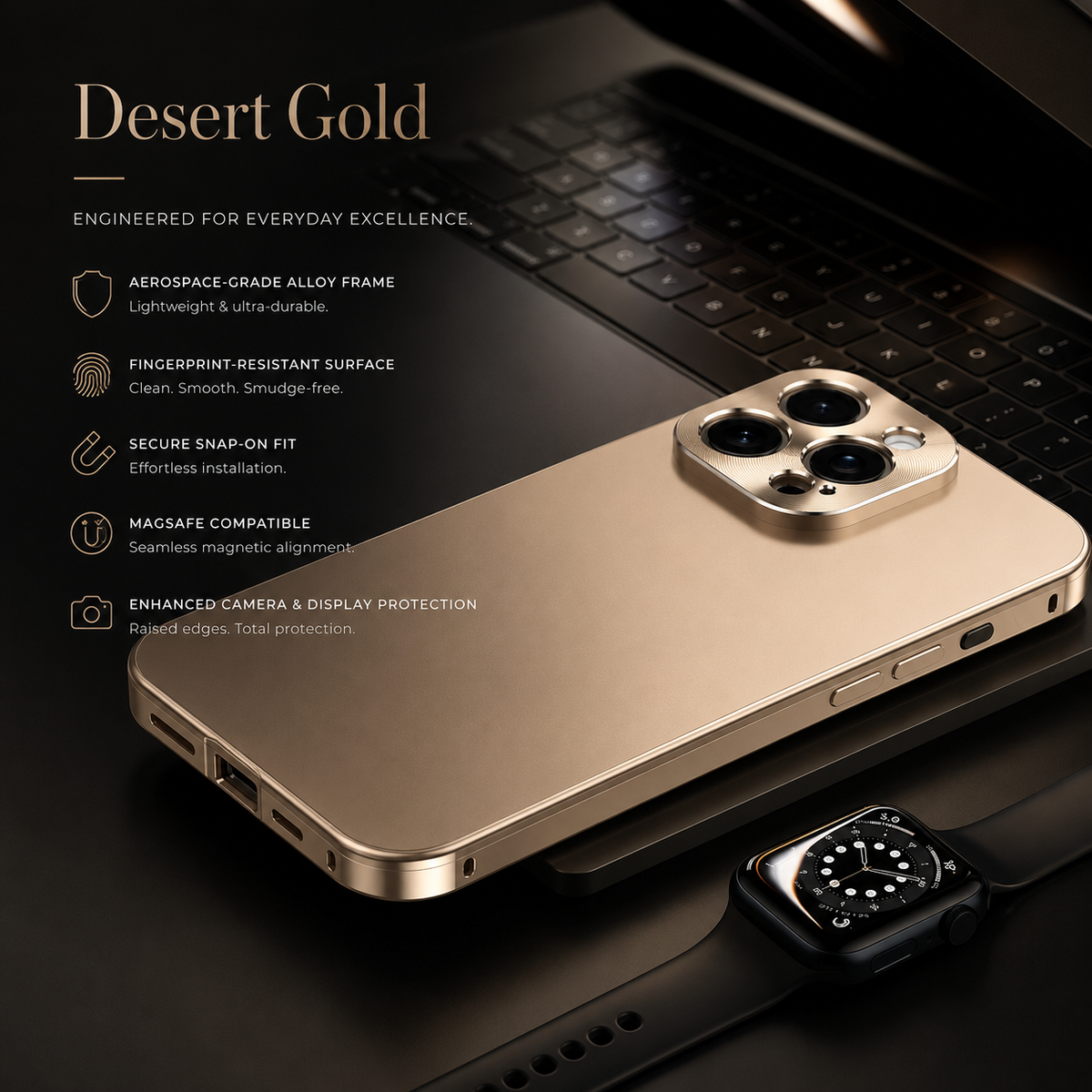 A gold-colored case lies beside a black laptop and wristwatch. Text labels the color Desert Gold and advertises the frame, snap-on fit and magnetic compatibility.
