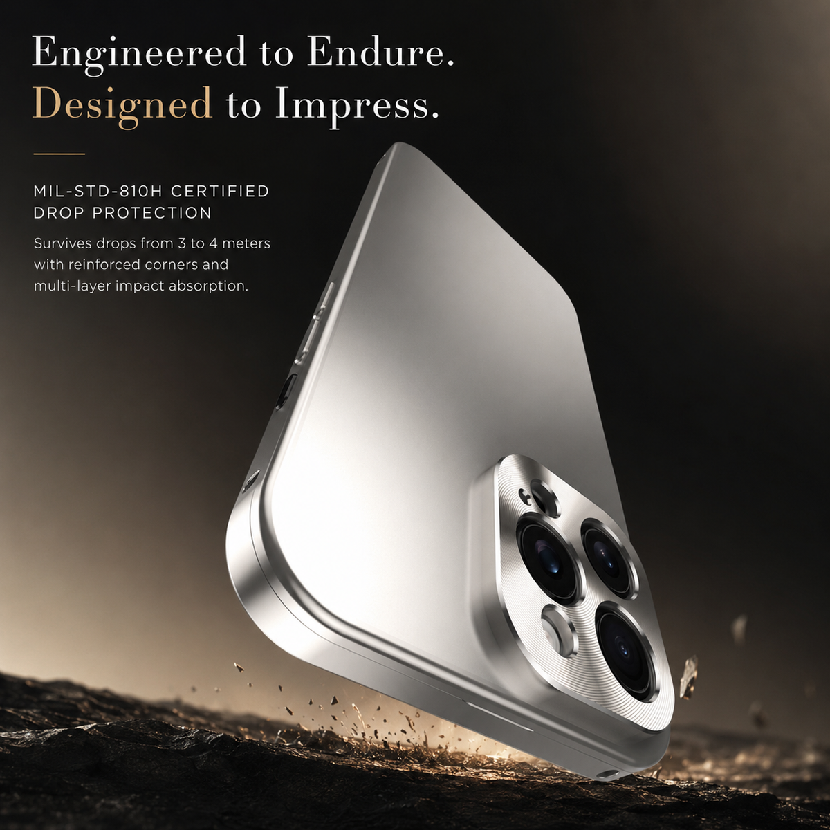 A silver case tilts camera-corner-first toward rough ground, with small fragments nearby. Text advertises MIL-STD-810H certification and protection from drops of 3 to 4 meters.
