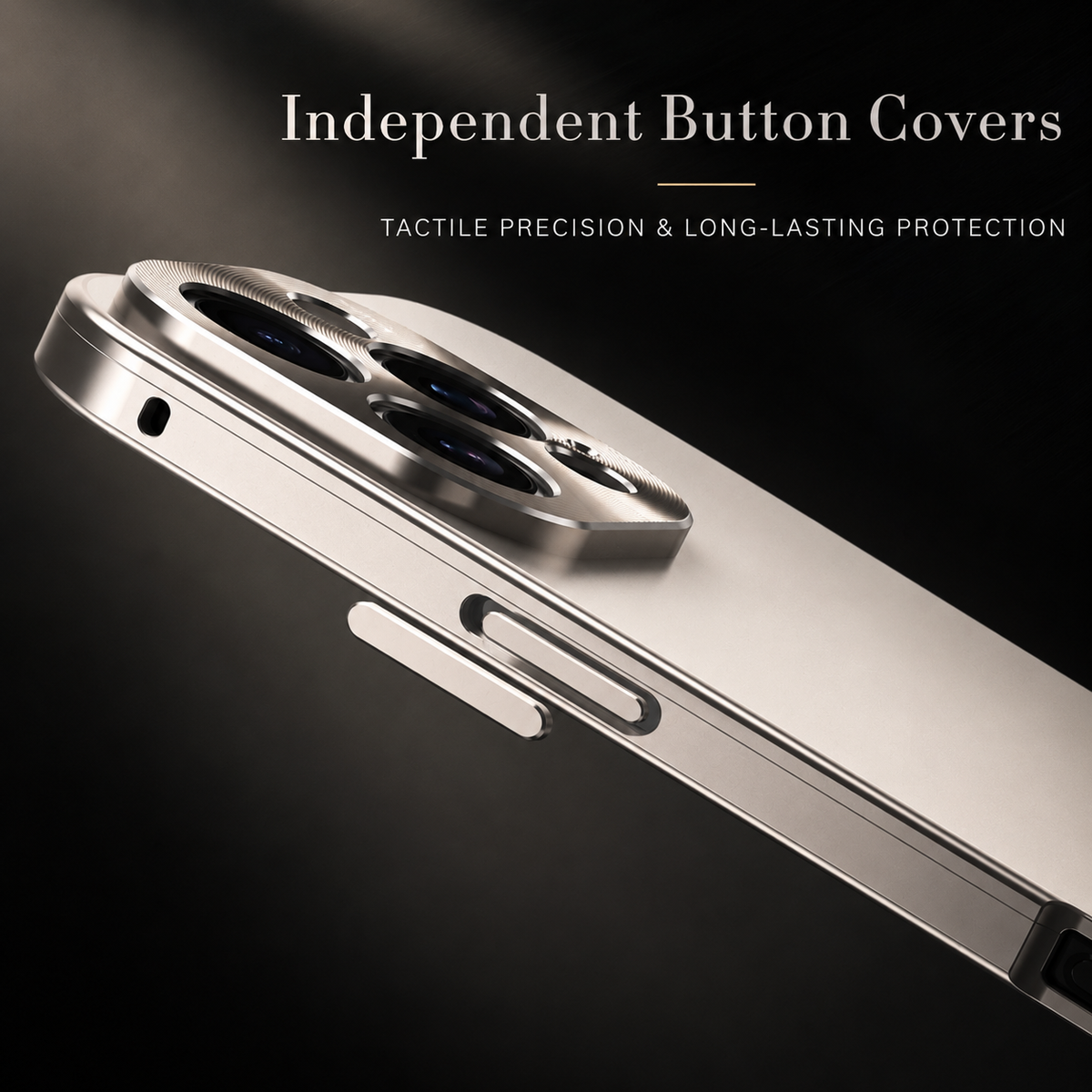 A close-up shows the silver side frame and camera panel, with a separate side-button cover floating beside its opening. Text highlights independent button covers.