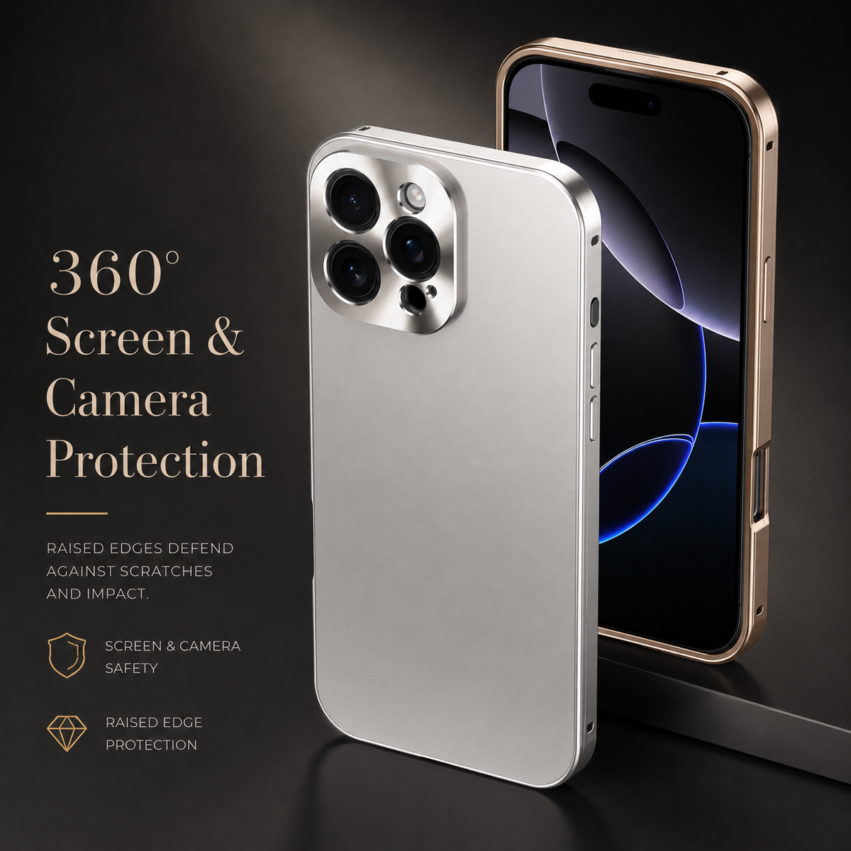 Front and rear views show gold and silver-framed phones on a dark stepped platform. Text highlights raised borders around the screen and camera.