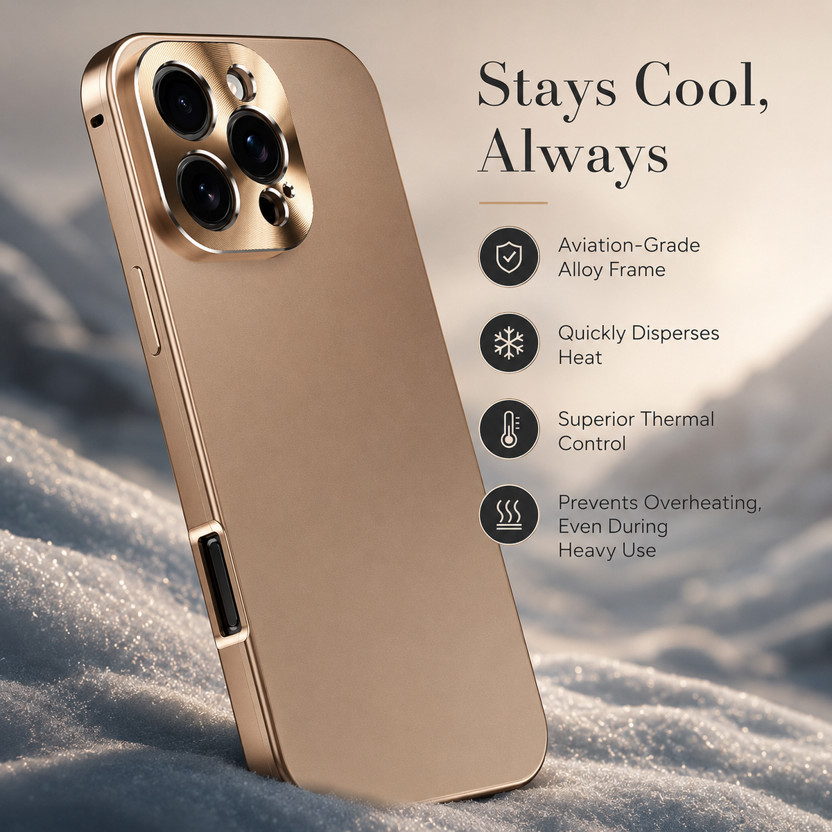 A gold-colored case stands upright in snow with mountains behind it. Text advertises an alloy frame and heat dispersion.