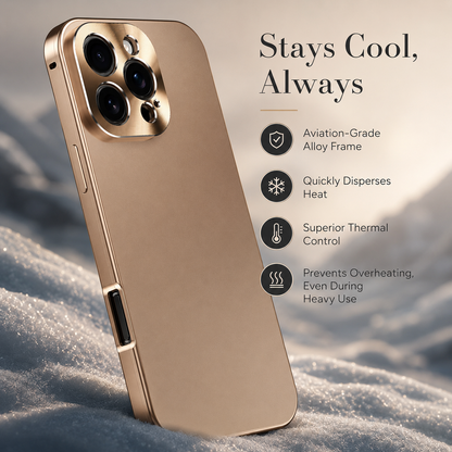 A gold-colored case stands upright in snow with mountains behind it. Text advertises an alloy frame and heat dispersion.