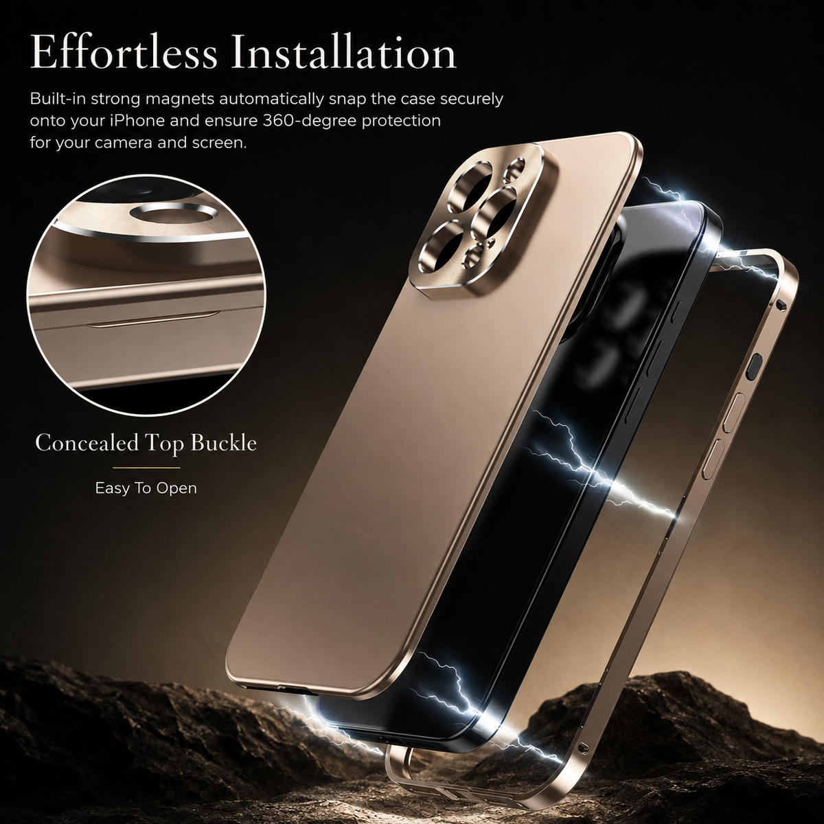 An exploded view separates a gold-colored back, dark phone and outer frame above rocks. White lightning graphics illustrate attachment; an inset identifies a concealed top buckle.