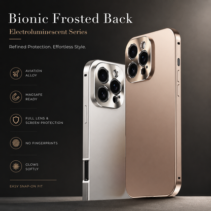 Silver and gold-colored cases stand together against gray, showing their matte backs and raised shiny camera panels. Text calls the back frosted and promotes magnetic compatibility.