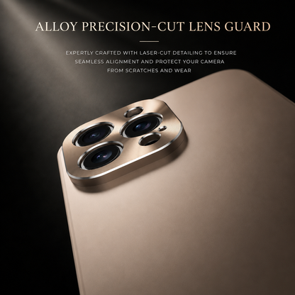 A close-up of the gold-colored case's raised camera surround shows its fitted circular lens openings. Text highlights a precision-cut alloy lens guard.
