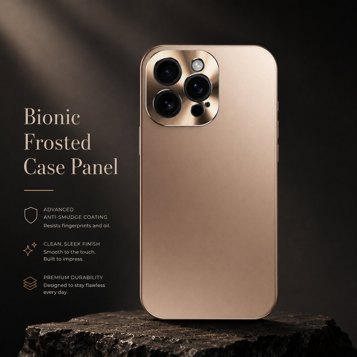 A gold-colored case stands on a dark rocky platform. Text highlights a frosted back, anti-smudge coating and smooth finish.