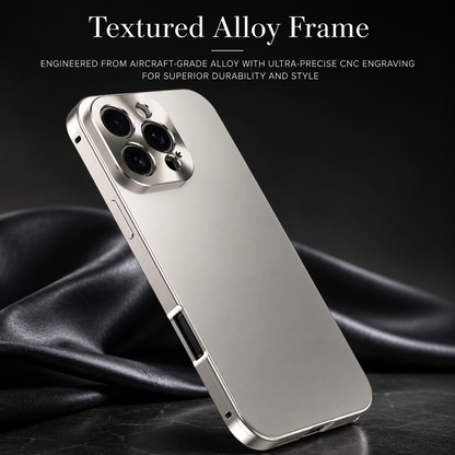 A silver case leans on flowing black fabric, displaying polished flat sides and a raised camera panel. Text advertises a precision-machined alloy frame.