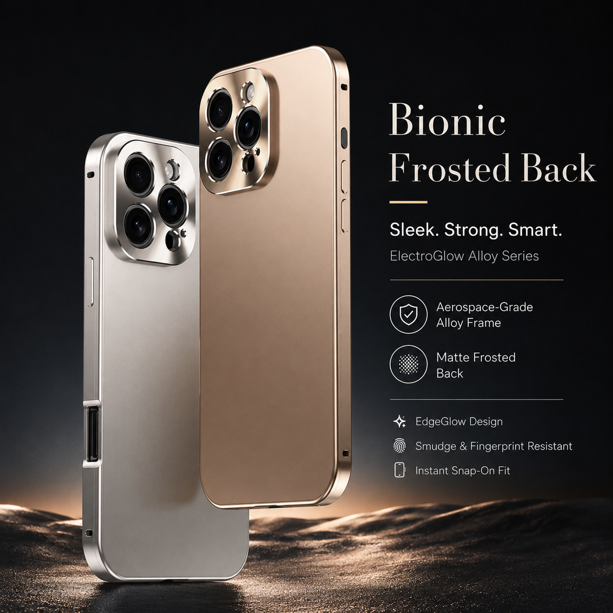 Silver and gold-colored cases stand on rough rock, showing their matte backs and shiny frames. Icons advertise fingerprint resistance and a snap-on fit.