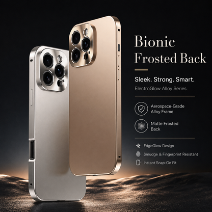 Silver and gold-colored cases stand on rough rock, showing their matte backs and shiny frames. Icons advertise fingerprint resistance and a snap-on fit.