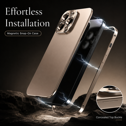 An exploded gold-colored case floats above a rocky surface, separating its back panel, phone and frame. An inset enlarges the concealed top buckle.