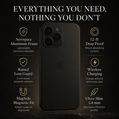 A dark phone stands amid six feature callouts. Text advertises an aluminum frame, 12-foot drop protection, a raised lens guard, wireless charging, magnetic fitting and a 1.8-millimeter profile.