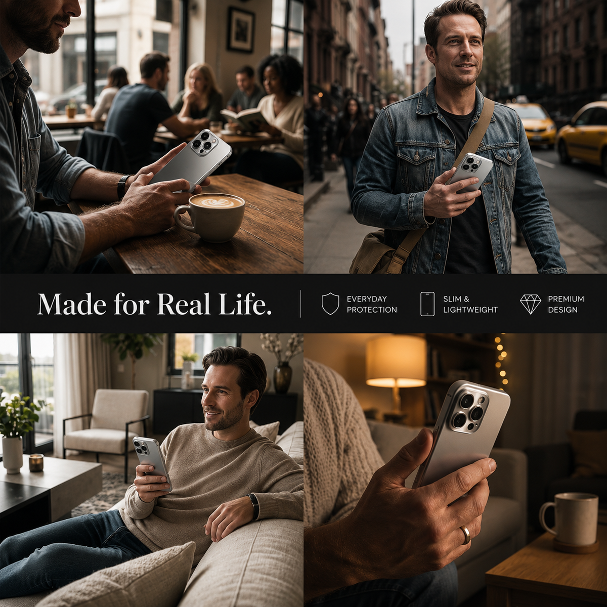 Four photos show silver-cased phones: hands holding one beside coffee at a café, a man holding one on a city street, a man reclining with one on a sofa, and a close-up of a phone in a hand. The matte silver backs and three-lens camera panels face outward.