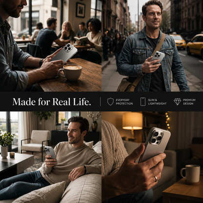 Four photos show silver-cased phones: hands holding one beside coffee at a café, a man holding one on a city street, a man reclining with one on a sofa, and a close-up of a phone in a hand. The matte silver backs and three-lens camera panels face outward.