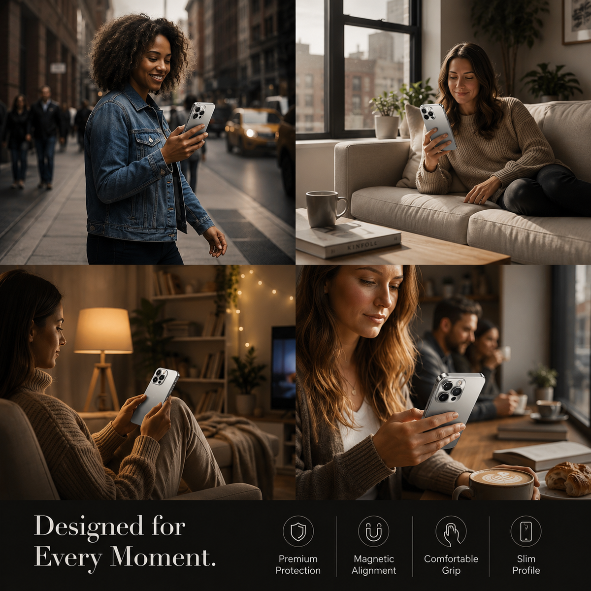Four photos show women holding silver-cased phones: standing on a city street, seated on a light sofa, reclining on a sofa, and sitting at a café table. Text below reads Designed for Every Moment.