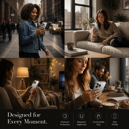 Four photos show women holding silver-cased phones: standing on a city street, seated on a light sofa, reclining on a sofa, and sitting at a café table. Text below reads Designed for Every Moment.