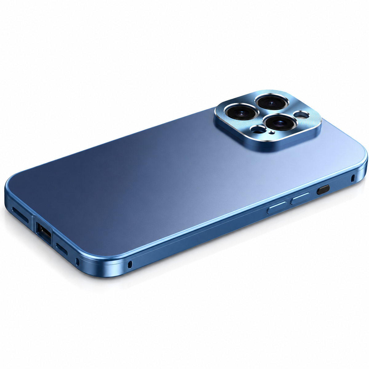 A blue case lies diagonally on white, showing its matte back, reflective side frame, separate buttons and raised three-lens camera panel.