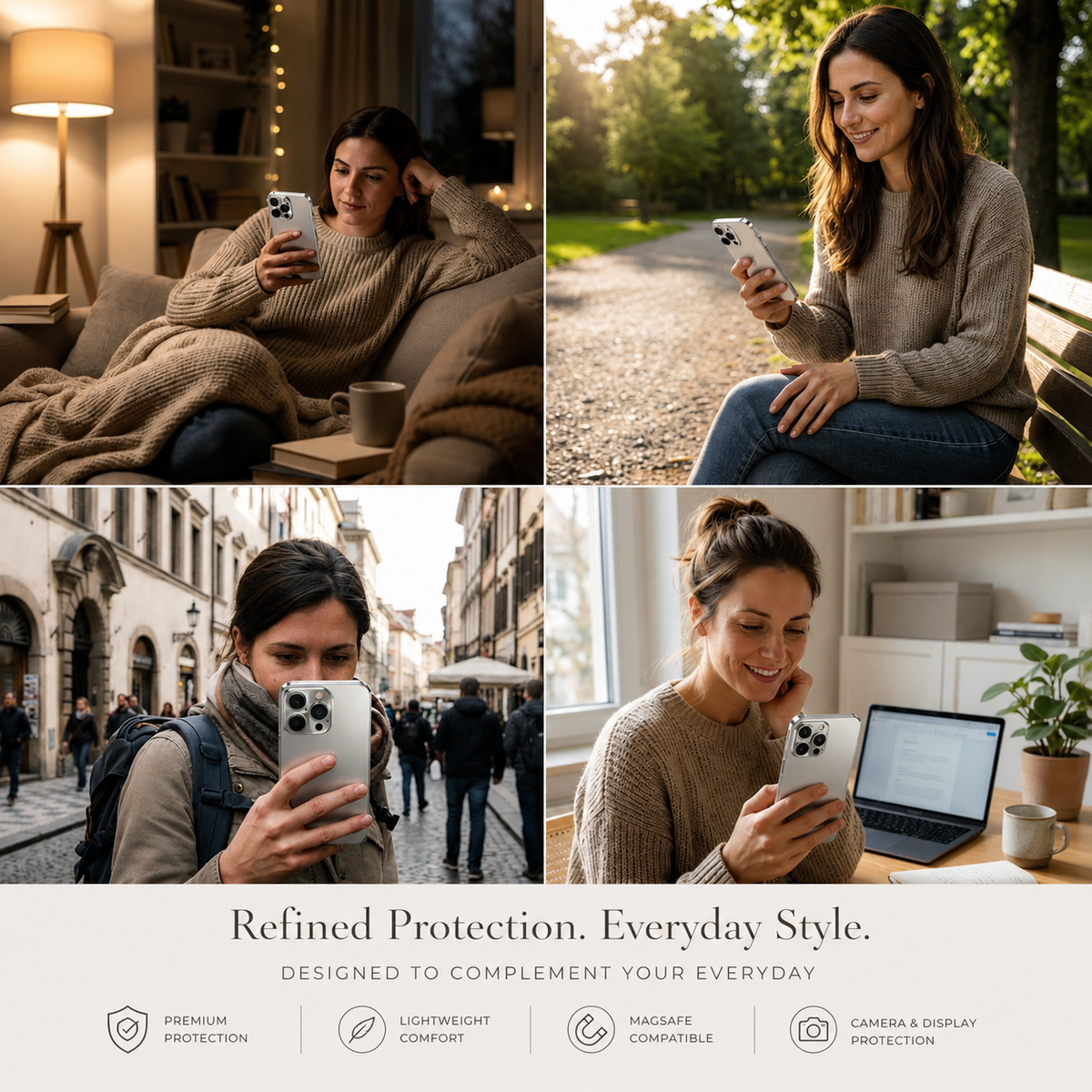 Four photos show silver-cased phones: a man reclining on a sofa, a woman seated on a park bench, a man standing on a city street, and a woman at a desk beside a laptop. Text below reads Refined Protection. Everyday Style.