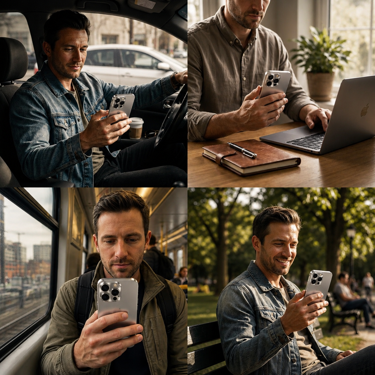Four photos show men using silver-cased phones: seated inside a car, standing at a desk beside a laptop, seated on public transport, and sitting outdoors near trees. The silver backs and three-lens camera panels face the viewer.