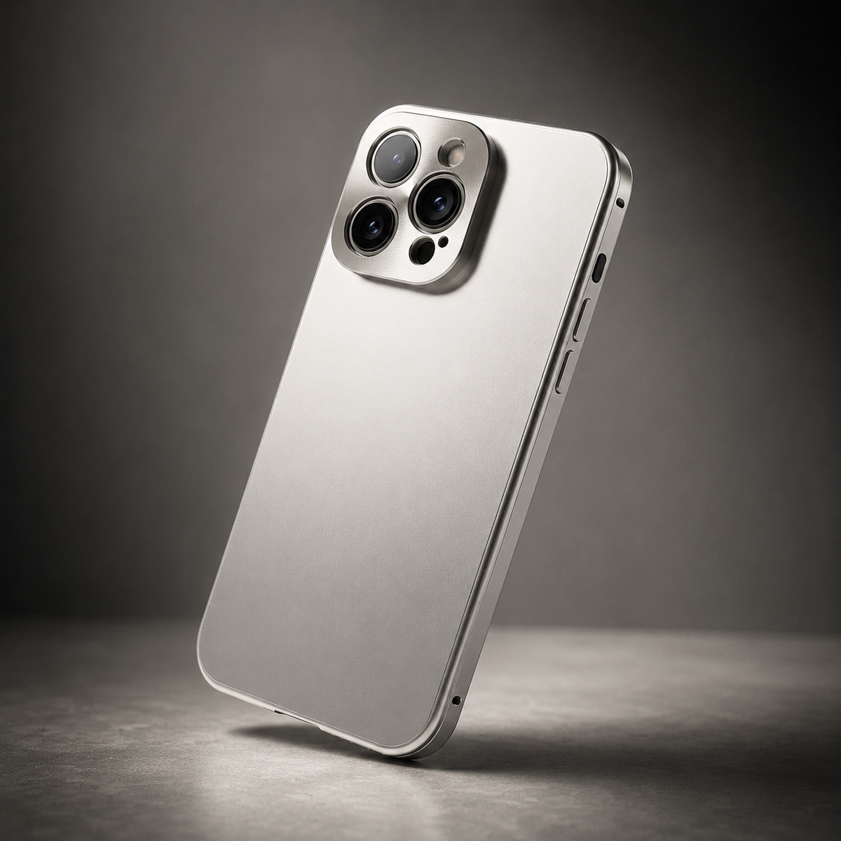 A silver case leans diagonally on a gray surface, showing a plain matte back, shiny flat side frame and raised three-lens camera panel.