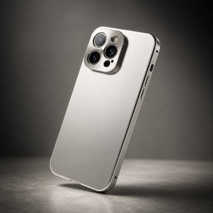 A silver case leans diagonally on a gray surface, showing a plain matte back, shiny flat side frame and raised three-lens camera panel.