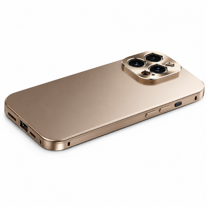 A warm gold-colored case lies diagonally on white, with a matte back, polished flat edges and raised camera surround.