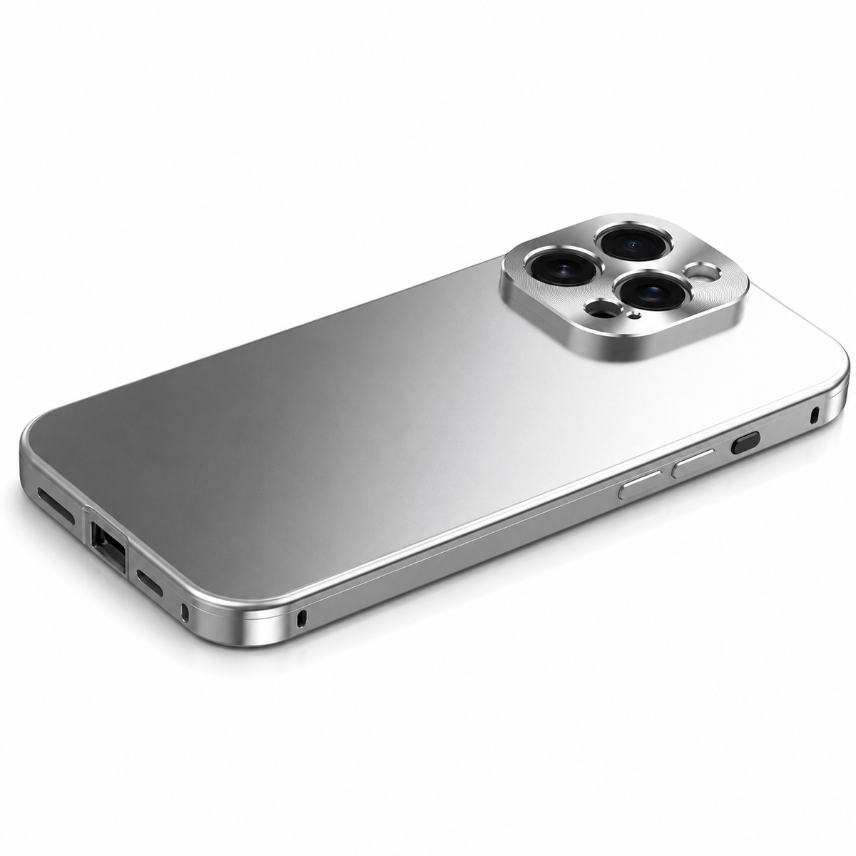 A bright silver case lies diagonally on white with a smooth back, reflective side frame and raised rounded-square camera panel.