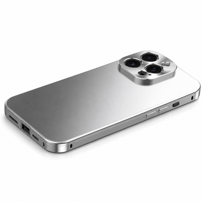 A bright silver case lies diagonally on white with a smooth back, reflective side frame and raised rounded-square camera panel.