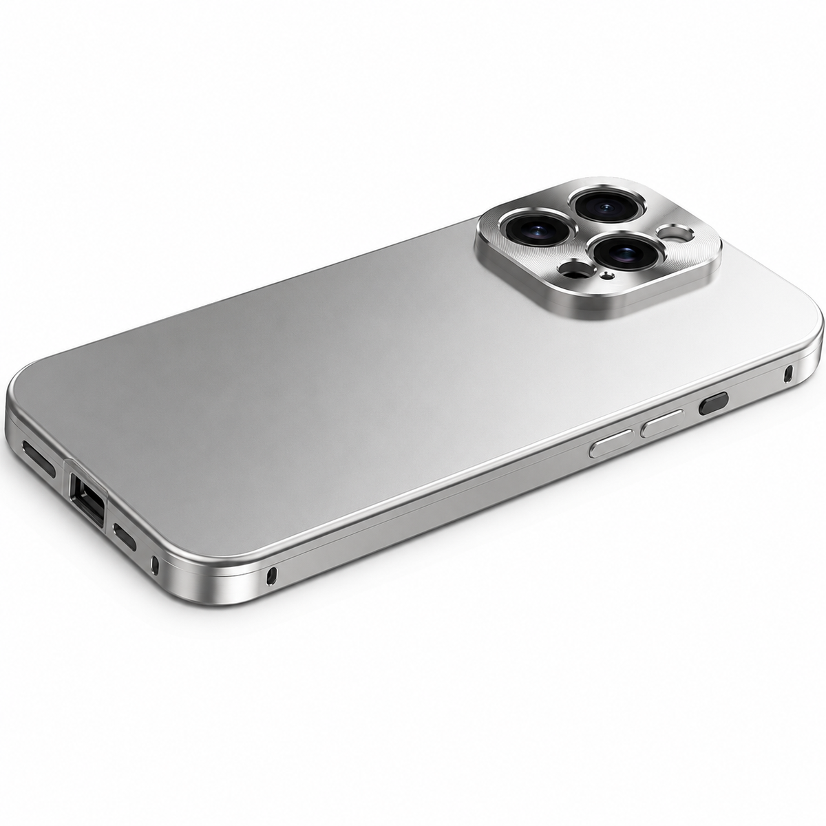 A pale gray-silver case lies diagonally on white, showing a matte back, shiny flat sides and separate side buttons.